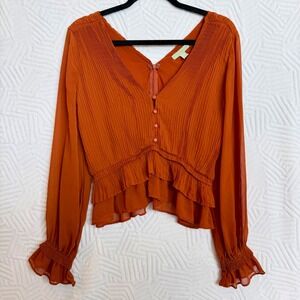 Ryegrass Burnt Orange Pleated Peplum Blouse Size 4 Rust V-Neck Long Sleeve